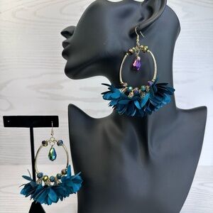 Handmade Elegant Teal and gold Floral Hoop Earrings 14k gold platted